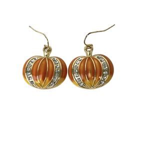 Pumpkin Hook Earrings Orange Enamel Rhinestones Gold Tone Boho Festive Seasonal